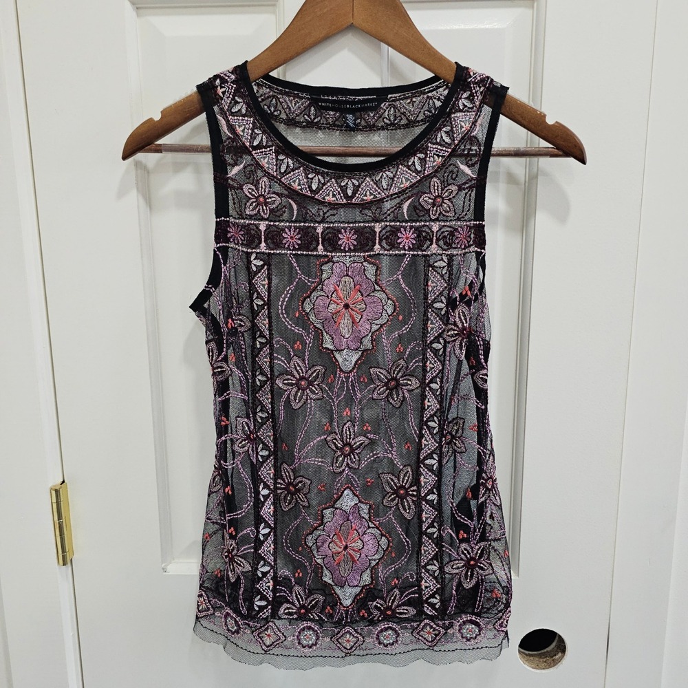White House Black Market Embroidered Mesh Tank Top Black Purple XS Floral Sheer